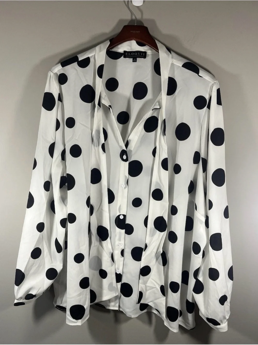 Eloquii White and Black Polka Dot Tie-Neck Blouse